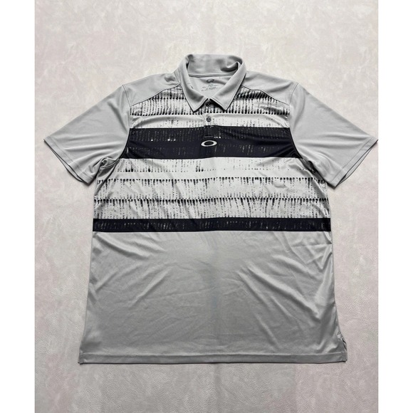 Oakley Polo Shirt Men's Size XL Grey & Black Striped Golf Performance Stretch - Picture 1 of 9